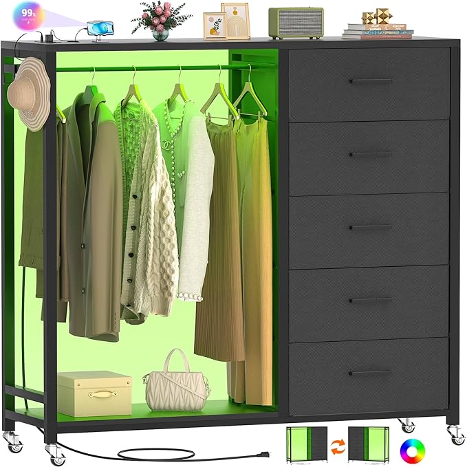Cyclysio Dresser with Hanging Rack, 5 Fabric Drawers Dresser with Clothes Rack, Wooden Top Storage Chest of Drawers with Charging Station & LED Lights, Lockable Wheels, Closet