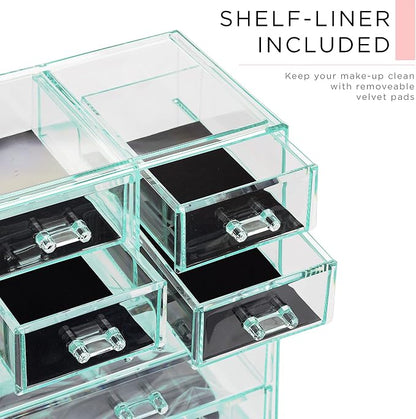 Sorbus Acrylic Makeup Organizer Set, 7-Drawer Vanity & Countertop Cosmetic Storage with Small & Wide Compartments, Teal Thrill Makeup Storage for Brushes, Jewelry – Holiday Gift for Women & Teens