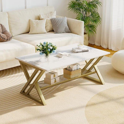 Wolawu Coffee Table Living Room Table with Storage Shelf, White Table Simple Modern Faux Marble Rectangular Tables with Sturdy Gold Metal Frame,Industrial Wooden Coffee Table for Bedroom Home Office