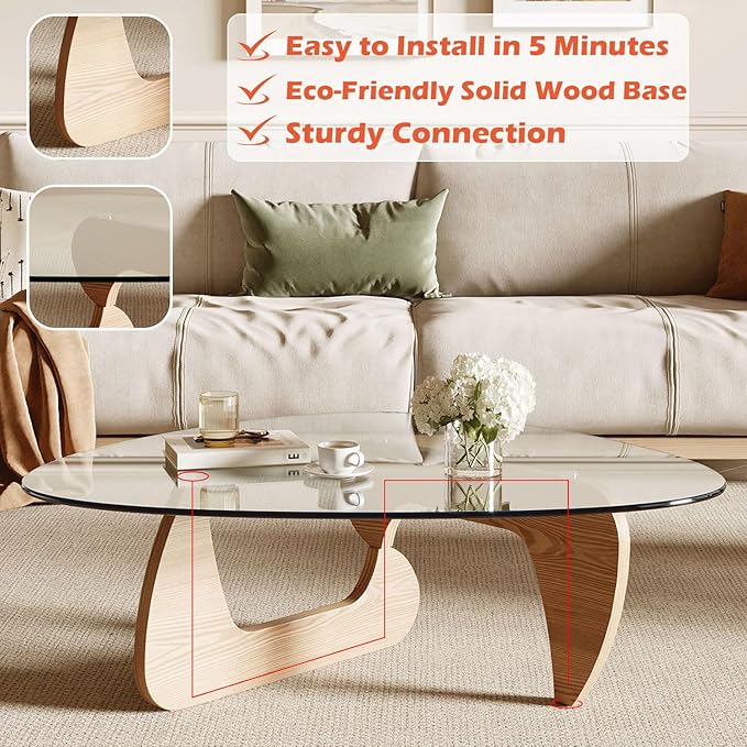 Modern Coffee Table for Living Room and Small Spaces, 35.6" x 25.4" x 15.8" Triangle Tempered Glass Table Top and Solid Wood Base, Natural Wood