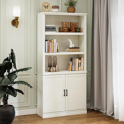 70 Inch Tall Bookcase with Doors, Library Office Bookshelf with Adjustable Shelves, Floor Standing Book Cabinet Shelves for Living Room Bedroom with Anti Tipping Kit, Soft White Finish