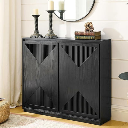 LKTART Mid Century Modern Sideboard Buffet Storage Cabinet with Doors and Shelves,Wood Coffee Bar Storage Cabinets for Kitchen, Dining Room, Living Room-Black