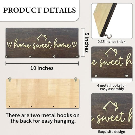Sweet Home Wooden Key Holder for Wall - 5"x10" Key Organizer Hanger with 4 Hooks for Front Door Hallway Entryway Kitchen - Home Office Decor & Housewarming Gifts Supplies - A06