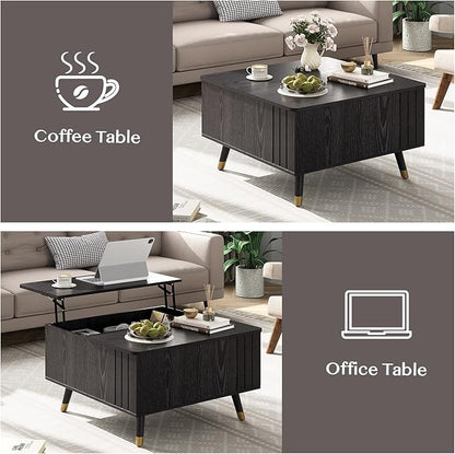 SULIVES Lift Top Coffee Table with Storage,Square Coffee Table with Lifting Top,Modern Center Table with Solid Wood Legs,Small Coffee Tables for Living Room,Black