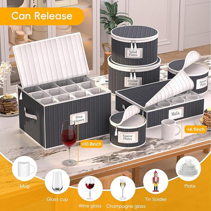 Fine China Storage Containers, 6 Piece Dish Storage Containers, Stackable Plate Storage, Coffee Mug Storage and Wine Glass Storage Box with Dividers, Quilted Dish Organizers, Grey