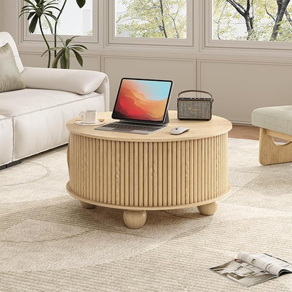 SULIVES Round Coffee Table with Storage, Unique Circle Coffee Table with Sliding Door,Fluted Accent Center Table with Bun Feet for Living Room, Oak