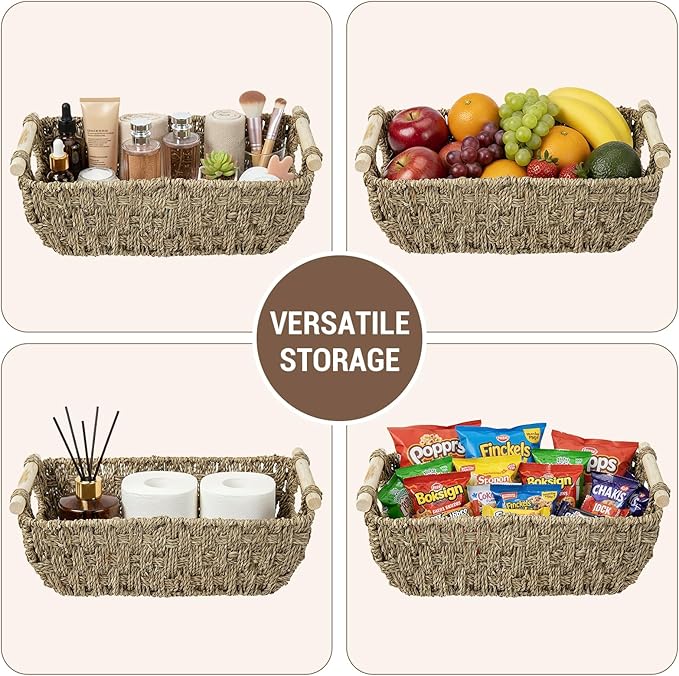 MyGift Hand-Woven Seagrass Bathroom Hand Towel Holder Basket with Wooden Handle, Rustic Countertop Storage Organizer for Towels & Toiletries