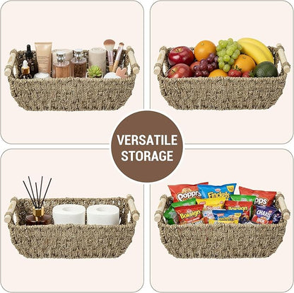 MyGift Hand-Woven Seagrass Bathroom Hand Towel Holder Basket with Wooden Handle, Rustic Countertop Storage Organizer for Towels & Toiletries