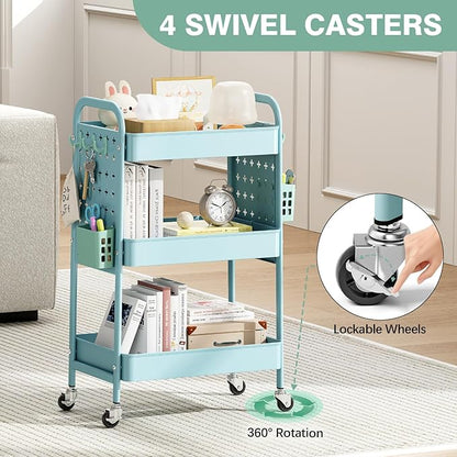 KINGRACK 3 Tier Rolling Cart with DIY Hanging Board, Metal Rolling Utility Cart with Wheels Handles Baskets Hooks, Rolling Storage Cart Suitable for Bathroom, Kitchen, Office, Nursery Diaper（Blue）