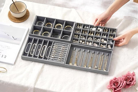 Velvet Jewelry Drawer Organizer Trays – Grey Stackable Jewelry Storage Inserts Set, 4-Layer Jewelry Tray Set for Earrings, Rings, Necklaces, Bracelets with Removable Dividers for Dresser & Vanity