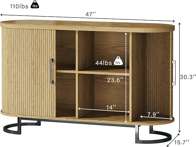 47.2" Buffet Cabinet with Storage, Fluted Sideboard Cabinet with Tambour Door & Adjustable Shelf, Modern Storage Cabinets for Kitchen, Living Room, Entryway, Oak