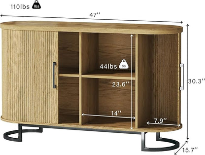 47.2" Buffet Cabinet with Storage, Fluted Sideboard Cabinet with Tambour Door & Adjustable Shelf, Modern Storage Cabinets for Kitchen, Living Room, Entryway, Oak