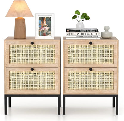 XIAO WEI Natural Rattan Nightstand Set of 2, Boho Night Stand with Drawers, Bedside Table Accent Cane End Table Side Table for Bedroom Living Room, Metal Legs/Small/Natural