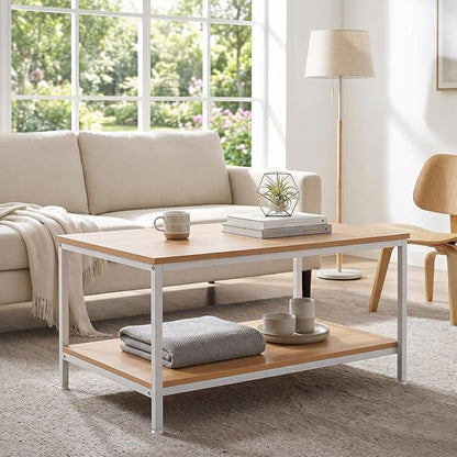 SUPER DEAL 2-Tier Industrial Coffee Table with Storage Shelf for Small Apartment Living Room, Rectangle Wood and Stable Metal TV Stand Side End Table, Natural Wood