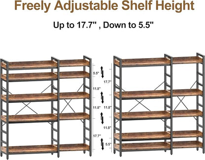 HCHQHS Adjustable Book Shelf with 8 Hooks, Reversible Corner Bookshelf, Industrial Wooden and Metal Bookcase for Living Room, Bedroom, Home Office (Rustic Brown, 5 Tier)
