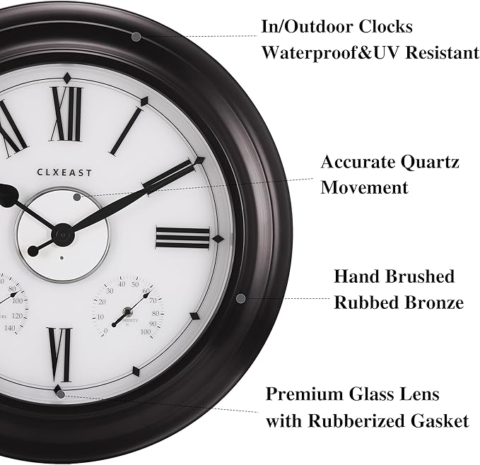 CLXEAST Illuminated Outdoor Indoor Metal Clocks Waterproof 24 inch, Oil Rubbed Bronze Black,Oversized Large Outdoor Roman Numeral Wall Clock with Thermometer & Hygrometer