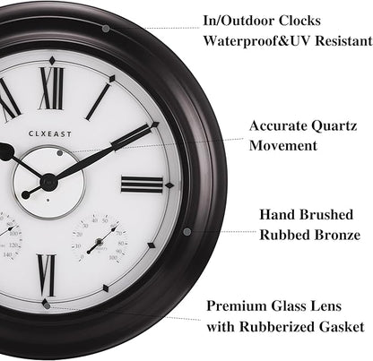 CLXEAST Illuminated Outdoor Indoor Metal Clocks Waterproof 24 inch, Oil Rubbed Bronze Black,Oversized Large Outdoor Roman Numeral Wall Clock with Thermometer & Hygrometer