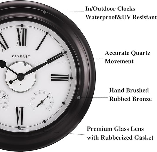 CLXEAST Illuminated Outdoor Indoor Metal Clocks Waterproof 24 inch, Oil Rubbed Bronze Black,Oversized Large Outdoor Roman Numeral Wall Clock with Thermometer & Hygrometer