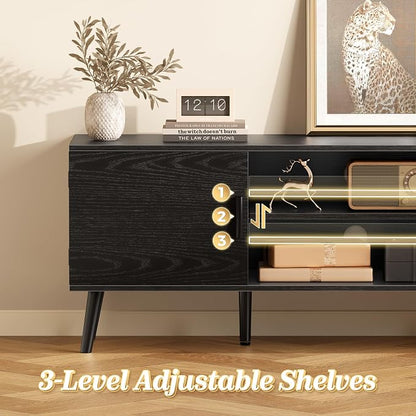 SUPERJARE TV Stand for 55 Inch TV, Entertainment Center with Adjustable Shelf, 2 Cabinets, TV Console Table, Media Console, Solid Wood Feet, Cord Holes, for Living Room, Bedroom, Black