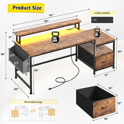Computer Desk with Monitor Stand,Office Desk with LED Lights &Power Outlets,Gaming Desk with Drawers & Printer Shelf,Writing Table with Side Storage Bag,57" W x 20" D x 36" H,Rustic Brown
