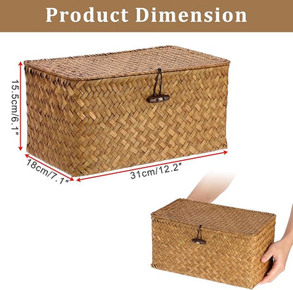 Sumnacon Wicker Basket with Lid Rectangle Woven Baskets for Toiletries Tampon Storage,Wicker Storage Basket with Lid,Decorative Seagrass Storage Baskets for Shelf Bathroom Toilet Table, Caramel