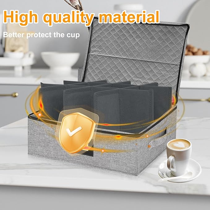 Coffee Mug Storage Box with Dividers, China Storage Containers Hard Shell ,Glassware Storage Containers with Zipper Lid and Handles, Stackable for 12 Mugs, Tea Cups, Moving & Packing (Light Grey)
