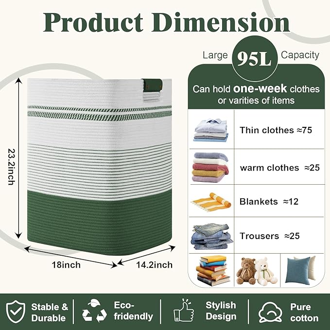 Degeyoyo Laundry Hamper, 95L Tall Laundry Basket with Leather Handles, Rectangle Large Clothes Hamper for Organizing, Cotton Woven Laundry Baskets Storage Hampers for Bedroom, Nursery, Living Room