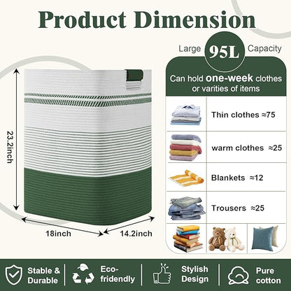 Degeyoyo Laundry Hamper, 95L Tall Laundry Basket with Leather Handles, Rectangle Large Clothes Hamper for Organizing, Cotton Woven Laundry Baskets Storage Hampers for Bedroom, Nursery, Living Room