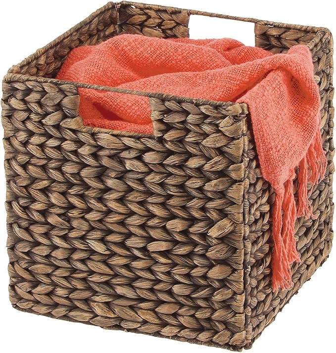 mDesign Natural Woven Hyacinth Cube Organizer Basket with Handles, Storage for Bathroom, Laundry Room Shelf or Nursery - Perfect for Cubby Storage Units - Hold Blankets and Books - 2 Pack, Brown Wash