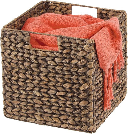 mDesign Natural Woven Hyacinth Cube Organizer Basket with Handles, Storage for Bathroom, Laundry Room Shelf or Nursery - Perfect for Cubby Storage Units - Hold Blankets and Books - 2 Pack, Brown Wash