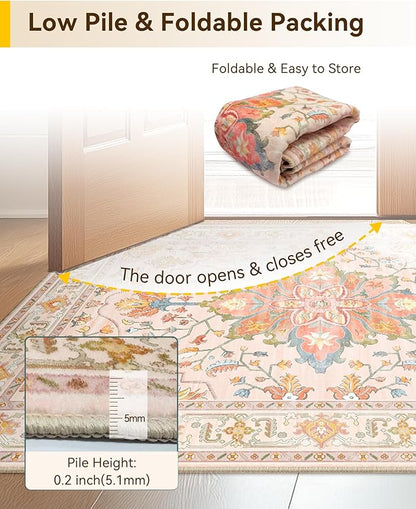 RELEANY Area Rugs Large 10'x12' Washable Non-Slip, Floral Vintage Distress Medallion Carpet for Living Room Bedroom Dining Room, Light Pink Colorful