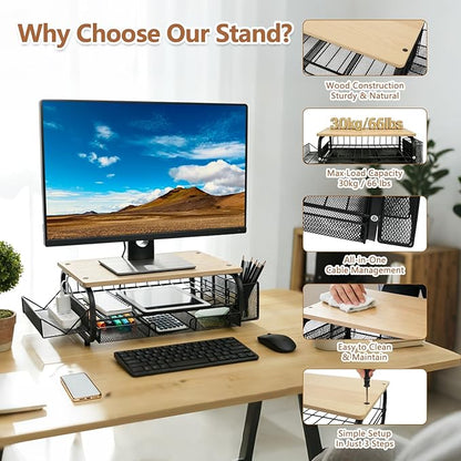 Desk Organizers and Accessories Monitor Riser, Monitor Stand with Drawer (2-Tier Drawers) with Large Side Storage Rack & Cable Management,66LBS/30KG, Office Organization, Oak