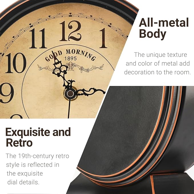 7-Inch Retro Mantel Desk Clocks，Silent Vintage Table Clock with All Metal Frame，Easy to Read Larege Retro Mantel Clocks for Living Room，Fireplace and Shelf Decoration.