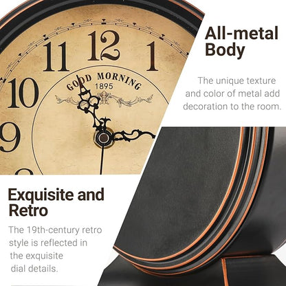 7-Inch Retro Mantel Desk Clocks，Silent Vintage Table Clock with All Metal Frame，Easy to Read Larege Retro Mantel Clocks for Living Room，Fireplace and Shelf Decoration.