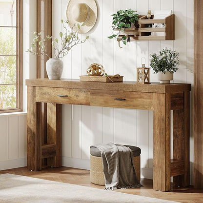 Tribesigns 63" Console Table, Farmhouse Entryway Table with 2 Drawers and H-Shaped Sturdy Legs for Hallway, Living Room, MDF, Light Brown