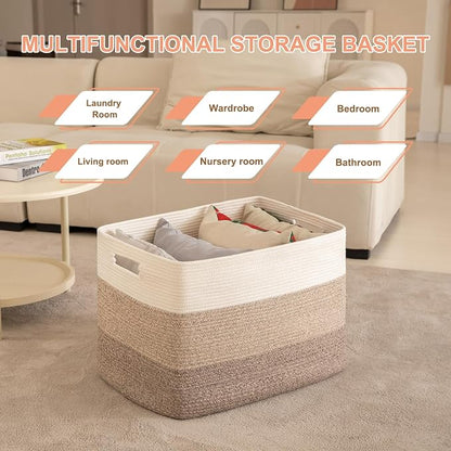 OIAHOMY 108L Super Large Blanket Basket, 25”x16”x16”(108L) Rectangle Woven Baskets for Storage, Cotton Rope Basket For Living Room, Toy Storage with Handle- Gradient Brown