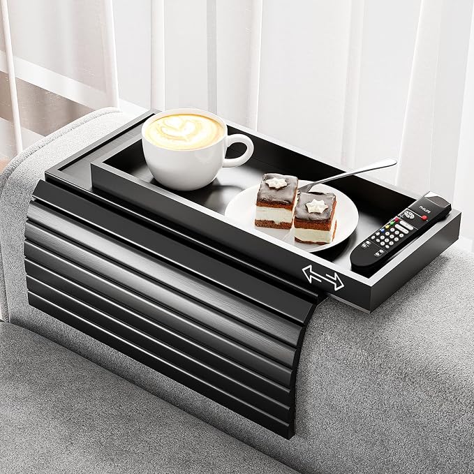 Bestjing Bamboo Sofa Armrest Tray Table for Couch - 2-in-1 Couch Arm Table with Be Slide Detachable Tray- Anti-Slip Foldable Sofa Armchair Caddy for Drinks Cellphone TV Remote Snacks (Black)