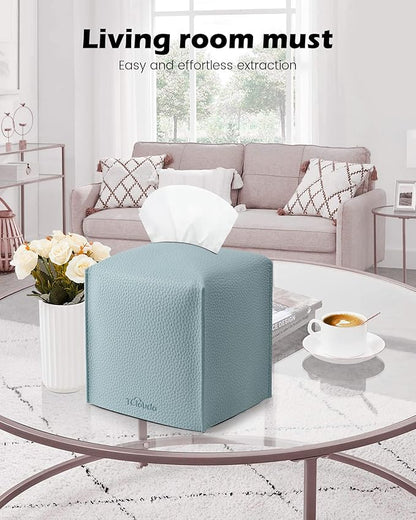 Tclouda Tissue Box Cover for PU Leather, Modern Simple Solid Color Holder Square Tissue Bag, Ideal for Bathrooms,Office,Car,Nightstand,Outdoor Tent,Dining Table,5"X5"X5", Double Blue