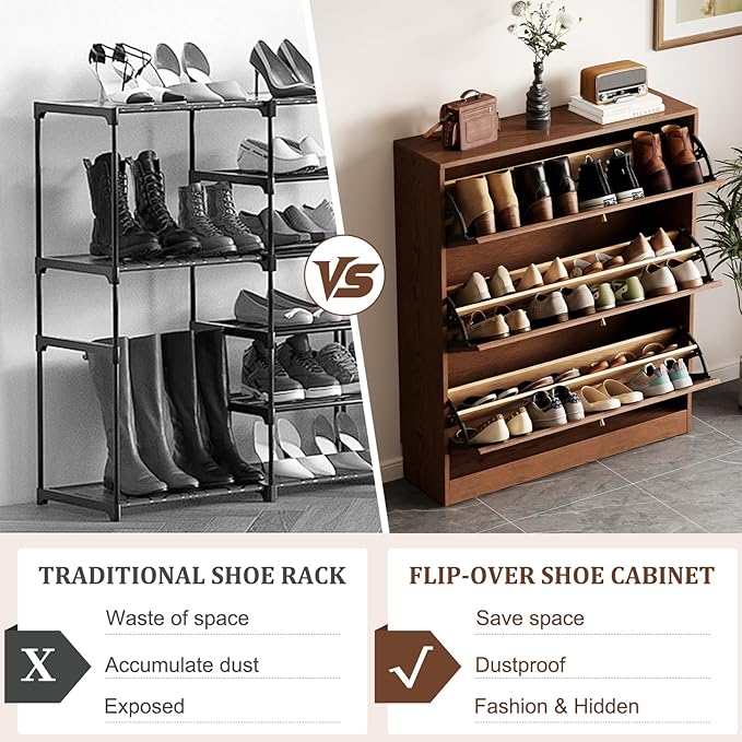 KungFuWood Soild Wood Shoe Storage Cabinet with 3 Flip Drawers for Entryway,Narrow Shoe Rack Cabinet with Adjustable Shelves 38 W, Morden Hidden Shoe Closet Wooden