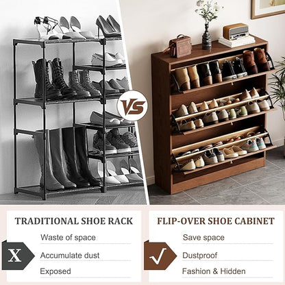 KungFuWood Soild Wood Shoe Storage Cabinet with 3 Flip Drawers for Entryway,Narrow Shoe Rack Cabinet with Adjustable Shelves 38 W, Morden Hidden Shoe Closet Wooden