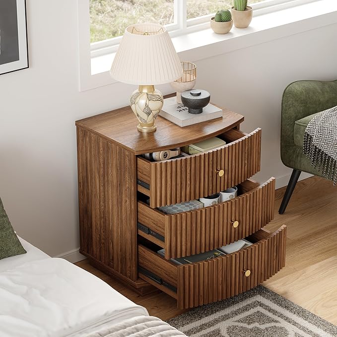 Dresser for Bedroom,6-Drawer Dresser, Mondern Wide Chest of Drawers with Fluted & Curved Design, Large Storage Chest for Bedroom, End Table for Living Rooms, （Walnut*2）