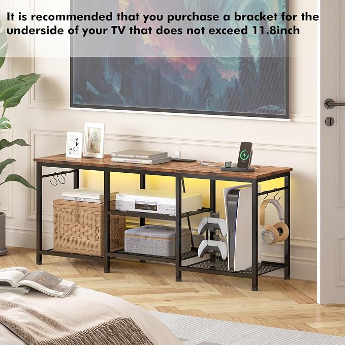 YGEOMER TV Stand for Up to 50 Inch Tvs, Entertainment Center with Outlet Led Lights Open Storage Shelves, TV Consoles for Living Room Bedroom, Rustic Brown