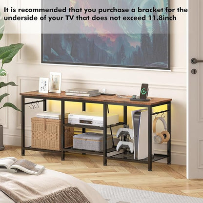 YGEOMER TV Stand for Up to 50 Inch Tvs, Entertainment Center with Outlet Led Lights Open Storage Shelves, TV Consoles for Living Room Bedroom, Rustic Brown