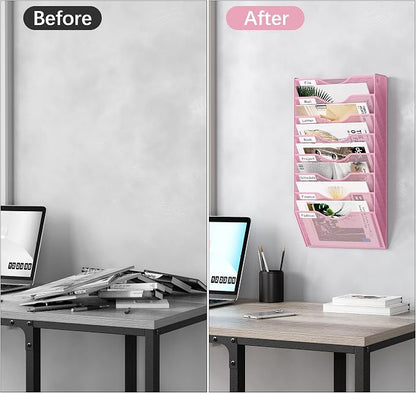 EasyPAG 8 Pocket Mesh Wall File Organizer, Hanging Paper Folder Holder with Classify Label, Vertical Wall Mount Mail Organizer for Office Home Classroom, Pink