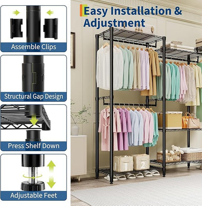5-Tier Heavy Duty Clothes Rack, 1630LBS Load, Sturdy Metal Garment Rack with Wire Shelves, Multi-Functional Wardrobe Closet with Hanger Rods for Hanging Clothes, 15.5"D x 67.6"W x 76.5"H ﻿