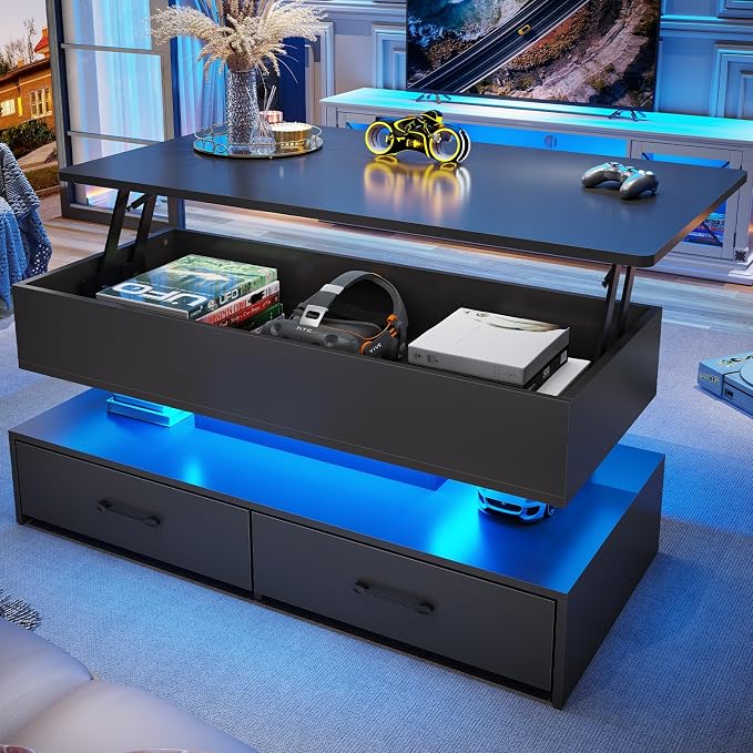 SEDETA 40" Lift Top Coffee Table, Coffee Tables with Storage for Living Room, Small Coffee Table with 2 Drawers & LED Light for Dining Reception Room, Black
