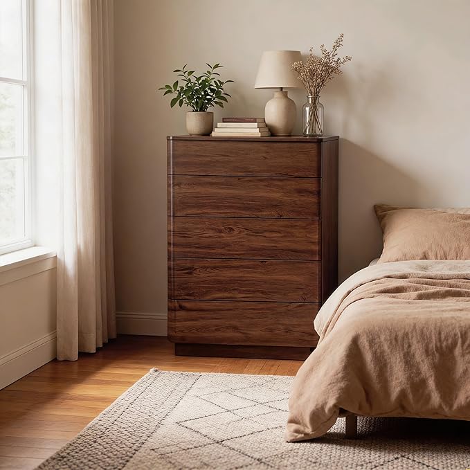 ACCOHOHO 5 Drawer Dresser for Bedroom, 42" Tall Modern Wood Dresser with Hidden Handle Drawers, Large Storage Chest of Drawers for Living Room & Hallway, Curved Profile Design, Dark Walnut