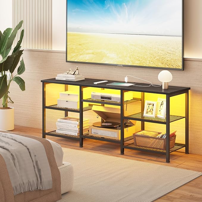 YGEOMER Entertainment Center for TVs Up to 50 Inch, Entertainment Stand with Power Outlet and LED Lights Open Storage Shelves, TV Console Table for Living Room and Bedroom, Black
