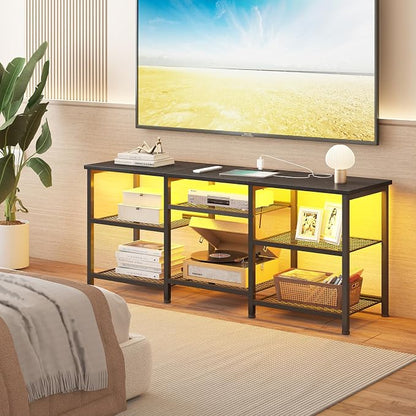 YGEOMER Entertainment Center for TVs Up to 50 Inch, Entertainment Stand with Power Outlet and LED Lights Open Storage Shelves, TV Console Table for Living Room and Bedroom, Black