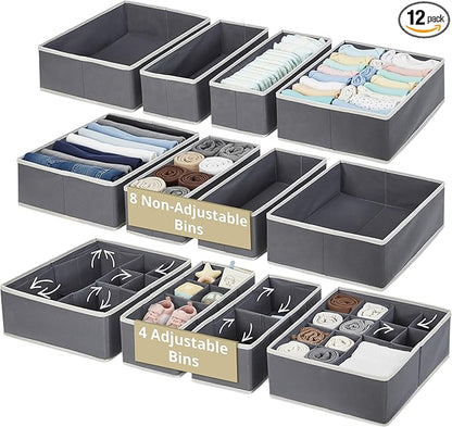 DECOMOMO Adjustable Drawer Organizer Clothes, 12 Pack Fabric Storage Bins, Drawer Dividers, Baby Dresser Organizer for Nursery, Underwear, Bra, Socks (Grey)